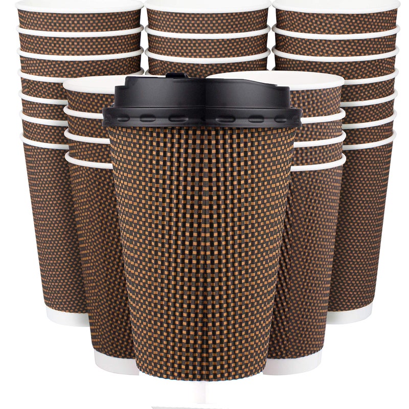 Promora Brown Disposable Coffee Cups With Lids 16 oz, Premium Insulated Paper Ripple Cups for Hot Coffee, Paper Coffee Cup with Lids (80 Pack) - Image 1